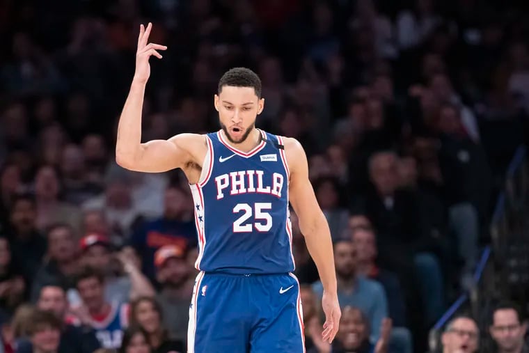Philadelphia 76ers guard Ben Simmons reacts after scoring a three-point basket in the second half of an NBA basketball game against the New York Knicks, Saturday, Jan. 18, 2020, at Madison Square Garden in New York. (AP Photo/Mary Altaffer)