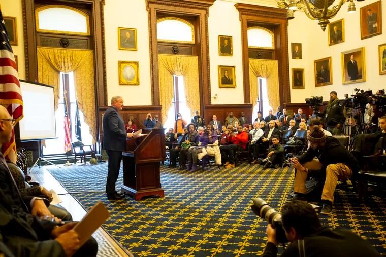 Mayor Jim Kenney addresses an audience at a press conference presenting a violence reduction action plan called "The Philadelphia Roadmap to Safer Communities" at City Hall last week.