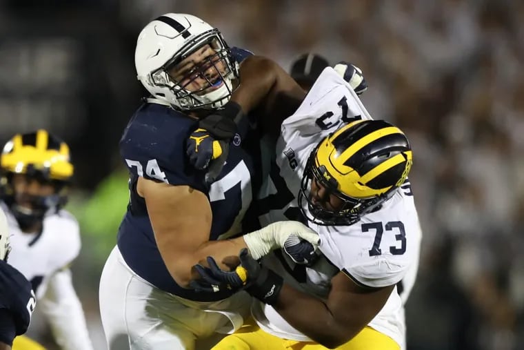 Penn State offensive lineman Steven Gonzalez blocks Michigan’s Maurice Hurst (73) on Oct. 21. Gonzalez says the Nittany Lions’ offensive linemen have to have more of a “finishing mindset.”
