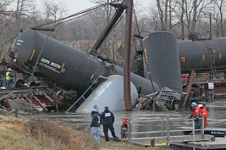 A bridge failure is blamed for a train wreck in Paulsboro, N.J., on a Friday morning in November, 2012, that sent multiple tanker cars into the Mantua Creek near the Delaware River.