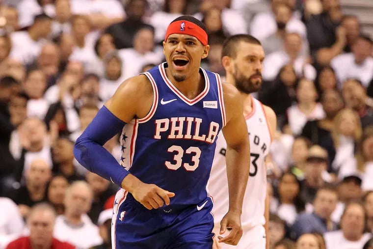 Tobias Harris of the Sixers complains after being called for a traveling violation against the Raptors during the 1st half of their NBA playoff game at the Scotiabank Arena in Toronto on April 27, 2019.