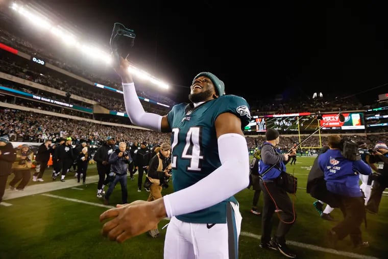 Eagles cornerback James Bradberry celebrates after the Eagles beat the San Francisco 49ers for the NFC championship at Lincoln Financial Field on Sunday, January 29, 2023 in Philadelphia.