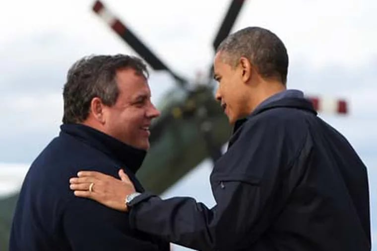 Governor Chris Christie greets President Barack Obama before an ariel tour of the damage in New Jersey from Hurricane Sandy at Atlantic City Airport in Atlantic City, N.J. on Wednesday, Oct. 31, 2012. (Governor's Office/Tim Larsen)
