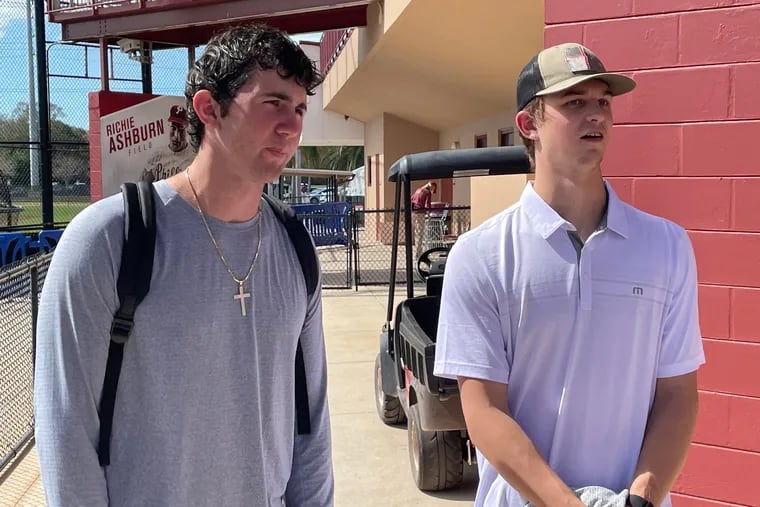 Phillies pitching prospects Andrew Painter, left, and Mick Abel before spring training in February.