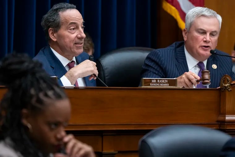 Oversight Committee Chairman James Comer, R-Ky., right, and Ranking Member Rep. Jamie Raskin, D-Md., at an impeachment inquiry into President Joe Biden in September.