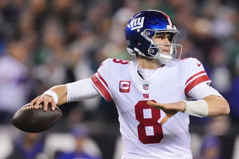 Giants quarterback Daniel Jones on Tuesday agreed to a new four-year, $160 million contract to remain with New York. However, news of Jones’ $40 million-per-year deal didn’t make a ripple in the Super Bowl 58 betting market. (Photo by Mitchell Leff/Getty Images)