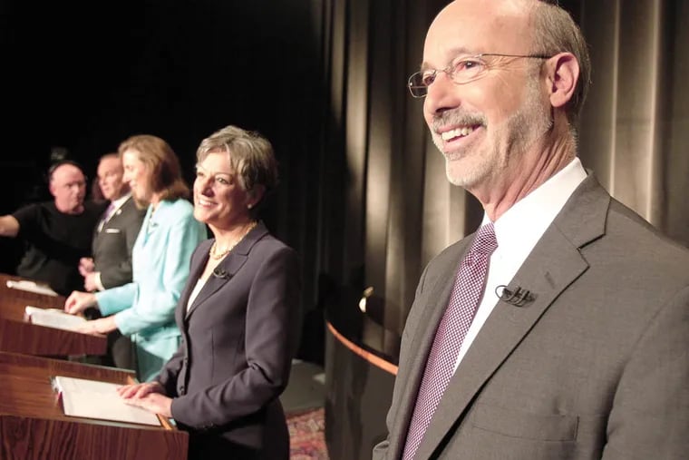 Democratic primary candidates for governor Tom Wolf (from right), Allyson Schwartz, Katie McGinty and Rob McCord tape a debate yesterday. It airs on 6ABC at 5 p.m. tomorrow and 1 p.m. Sunday. The primary is May 20.