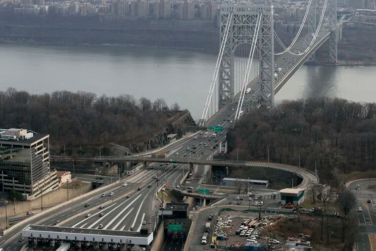 An aerial view of the tollbooth lanes leading to the George Washington Bridge.