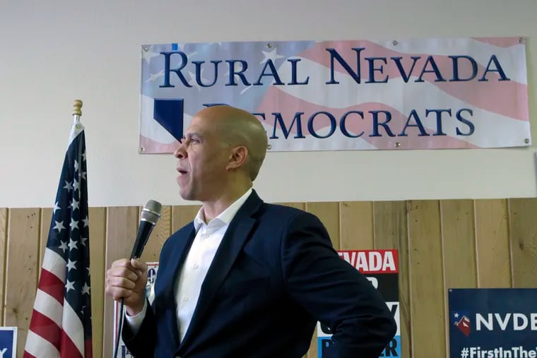 Sen. Cory Booker, D-N.J., talks about his presidential campaign during a speech to about 100 people on Friday, April 19, 2019, at the Douglas County Democratic headquarters in Minden, Nev. Booker became the first candidate running for president in 2020 to make a campaign stop in a rural part of the early caucus state. (AP Photo/Scott Sonner)