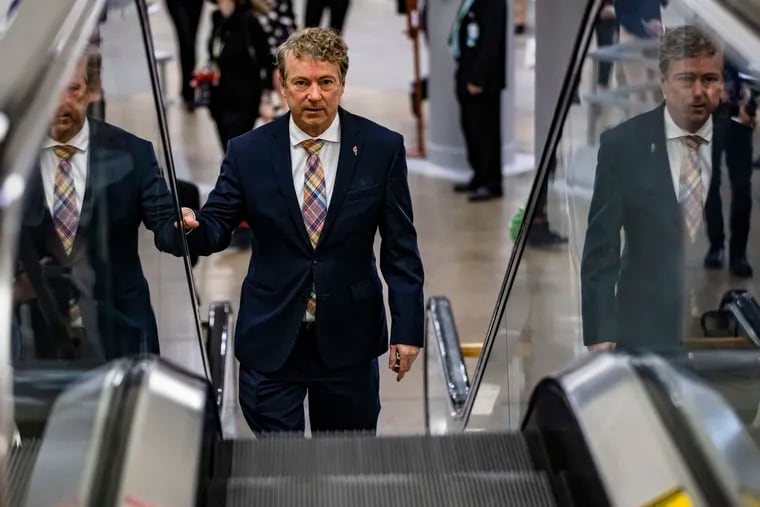 Senator Rand Paul (R, Ky.) walks through the Senate subway. This week, he questioned Rachel Levine, a transgender woman and Pennsylvania's former health secretary.