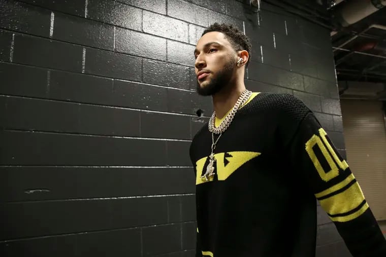 The Nets' Ben Simmons arriving for a game against the Sixers at the Wells Fargo Center on March 10.