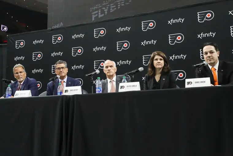 From left, John Tortorella, Keith Jones, Dan Hilferty, Valerie Camillo, and Daniel Brière take questions during a Philadelphia Flyers press conference at the Wells Fargo Center in Philadelphia on Friday, May 12, 2023. The Flyers hired Keith Jones as their president of hockey operations and removed the interim tag for Daniel Brière as general manager.