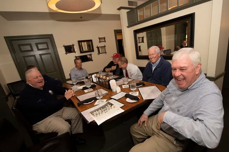 From left, Mike Schanne, Russ Hendricks, Brian Smyth, Denis Dunphy, Bud Tosti, Jim Stewart and Gerry Collins gathered for lunch to reminisce on the annual Thanksgiving Day Drexel Hill football rivalry between St. DotÍs and St. BernieÍs. The Meeting took place at the Lamb Tavern in Springfield, PA. Thursday, November 8, 2018.