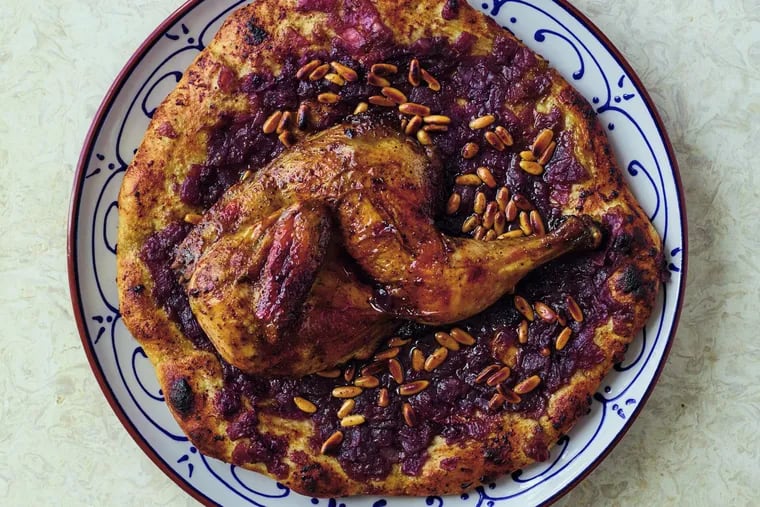 Msakhan simply means "heated" in Arabic and refers to a time when Palestinian farmers would reheat day old taboon bread with olive oil. Over time, it has come to included caramelized onions cooked with copious amounts of sumac and roast chicken.