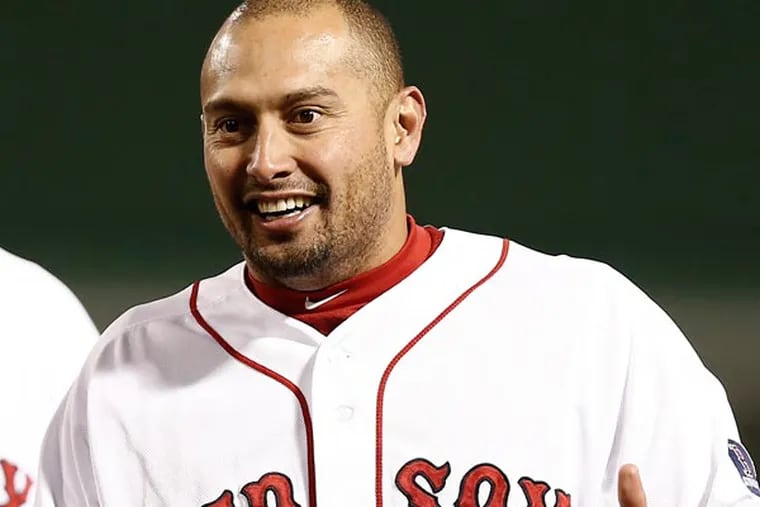 Shane Victorino during the eighth inning of a baseball game against the Oakland Athletics at Fenway Park in Boston Monday, April 22, 2013. (Winslow Townson/AP)