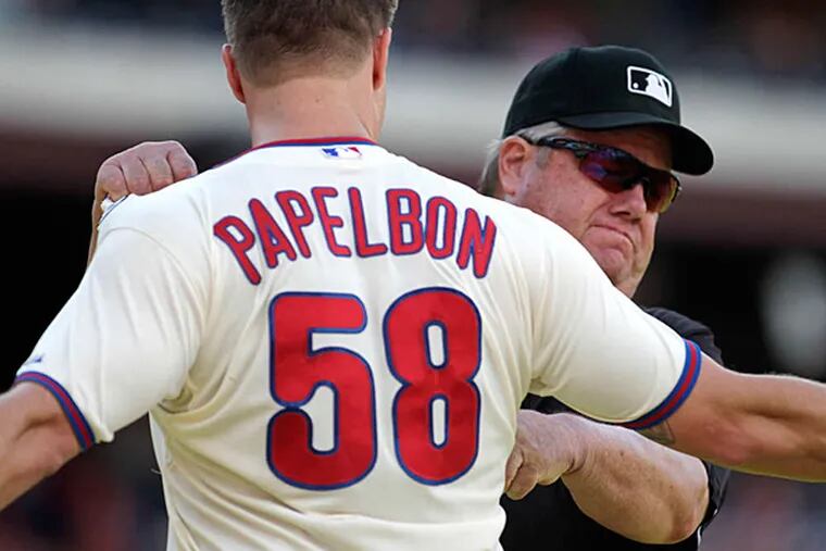 Jonathan Papelbon argues with umpire Joe West after being ejected from the game against the Marlins Sunday.