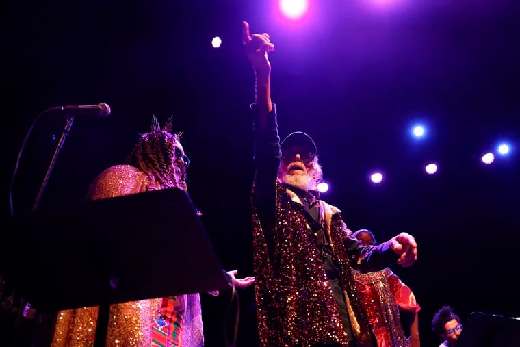 Germantown-based saxophonist Marshall Allen waves to fans on the eve of his 100th birthday at a performance with the Sun Ra Arkestra at the Union Transfer on Friday, May 24, 2024.
