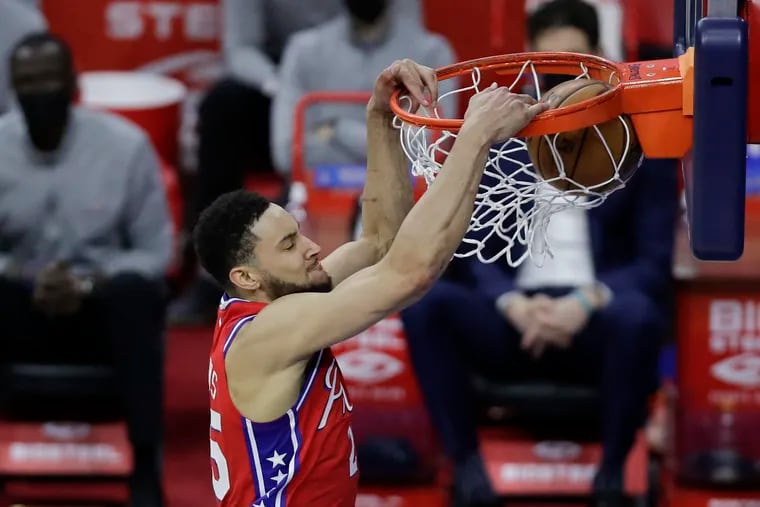 Sixers guard Ben Simmons dunks  in the third quarter against the Oklahoma City Thunder.