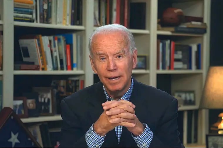 In this image from video provided by the Biden for President campaign, former Vice President Joe Biden speaks during a virtual press briefing Wednesday.