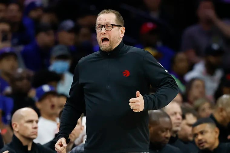 Toronto Raptors Head Coach Nick Nurse against the Sixers during game one of the Eastern Conference quarterfinals playoffs on Saturday, April 16, 2022 in Philadelphia.