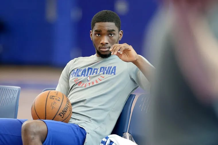 Shake Milton watches the action during a Sixers summer league minicamp workout in early July.