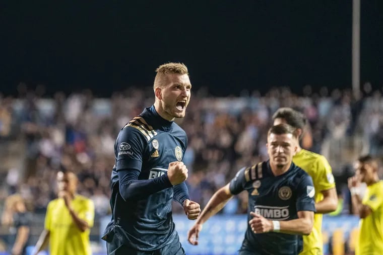 Kacper Przybylko celebrates after scoring a goal for the Union against Nashville SC at Subaru Park in Chester, Pa., Saturday.