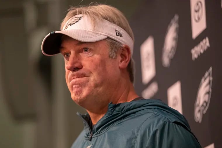 Eagles coach Doug Pederson reacts to a question about why his team seems to get off to a slow start in every game.