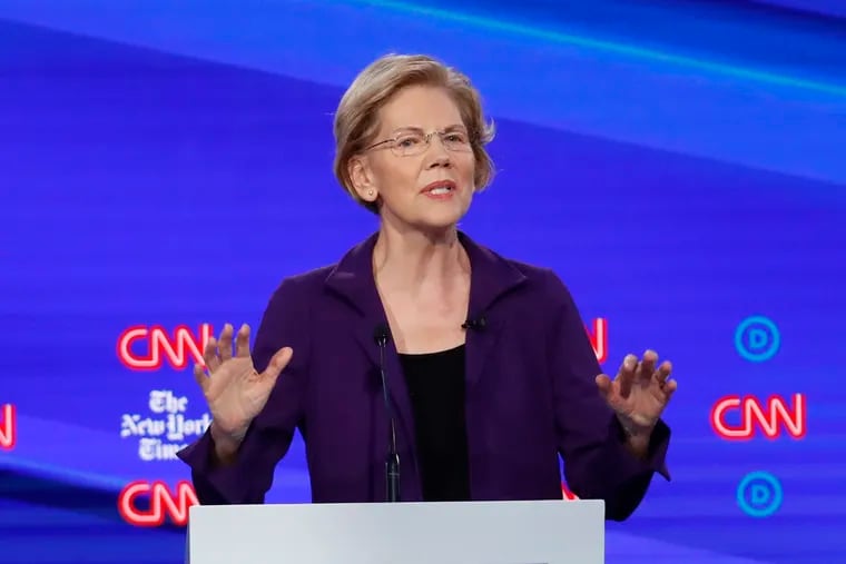 Democratic presidential candidate Sen. Elizabeth Warren, D-Mass., speaks during a Democratic presidential primary debate hosted by CNN and The New York Times at Otterbein University, Tuesday, Oct. 15, 2019, in Westerville, Ohio.