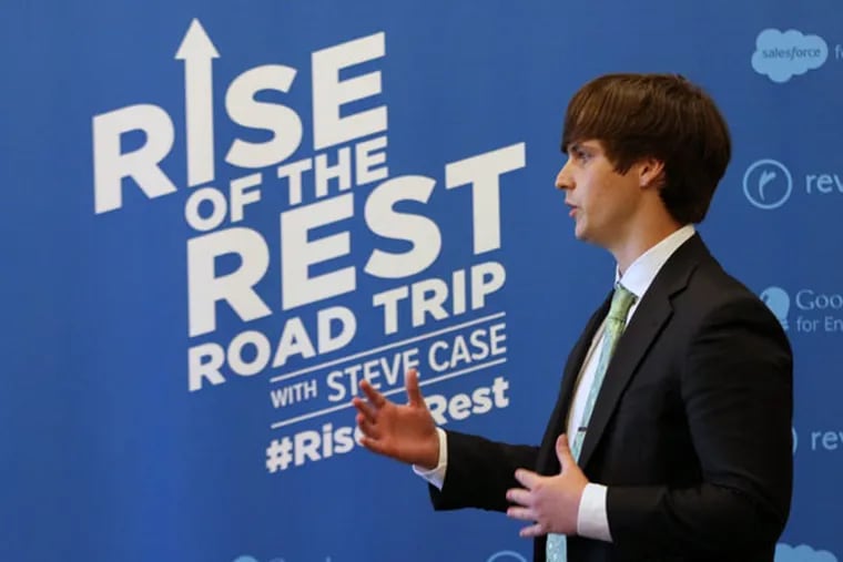 Nate Matherson, from the University of Delaware, pitches LendEdu, which would create a marketplace for reducing student debt. Philadelphia was the 16th stop on Steve Case’s entrepreneurship-fostering “Rise of the Rest” tour. (MICHAEL BRYANT/Staff Photographer)
