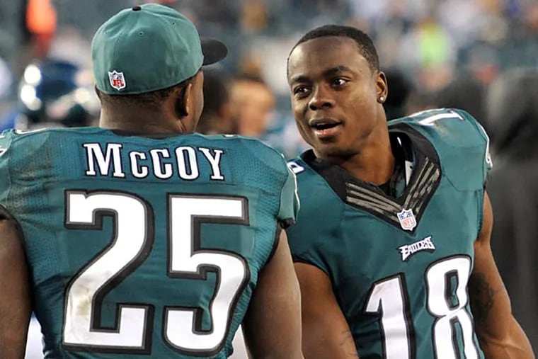 Jeremy Maclin and running back LeSean McCoy talk along the sidelines late in the the game against the Tennessee Titans. (Clem Murray/Staff Photographer)