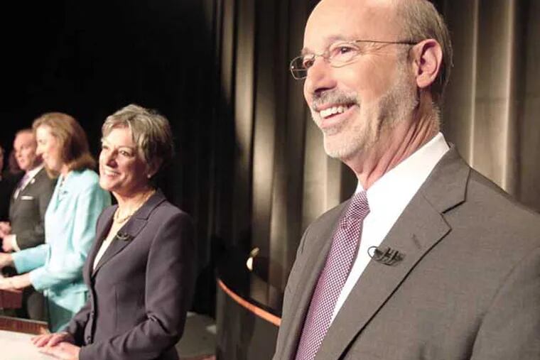Democratic primary candidates for governor Tom Wolf (from right), Allyson Schwartz, Katie McGinty and Rob McCord during a taping of a debate earlier this month. The primary is May 20. (Akira Suwa/File photo)