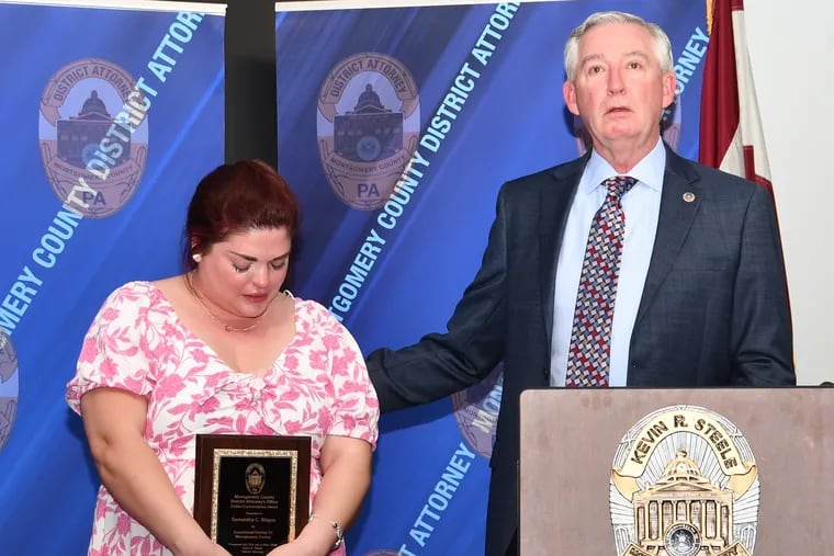 Samantha Blagus was awarded a civilian commendation from Montgomery County District Attorney Kevin Steele for comforting Tamara Cornelius in 2022 after Cornelius was mortally wounded by her boyfriend, Rafiq Thompson. Steele said Cornelius' family took comfort in knowing that someone was with her in her final moments.