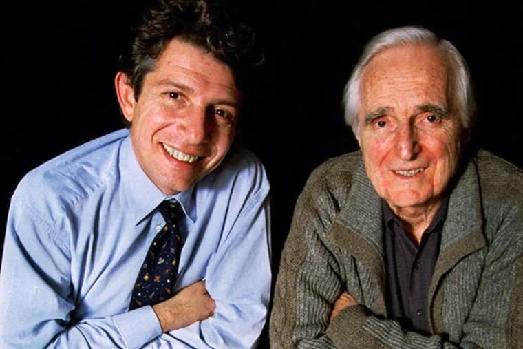 Doug Engelbart (right) and Guerrino De Luca, president and CEO of Logitech, in 1998 with the original mouse and its descendants.