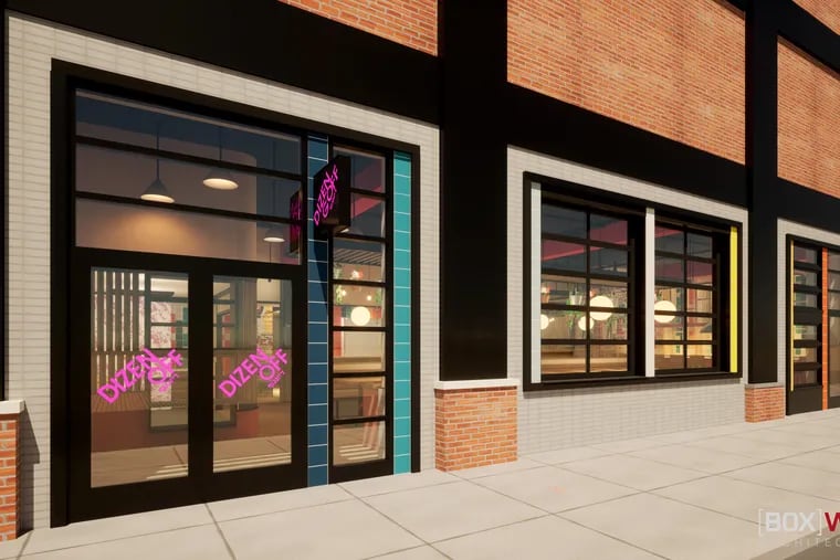Rendering of the expanded Dizengoff. Its current door is marked with the logos, and Abe Fisher is to the right.