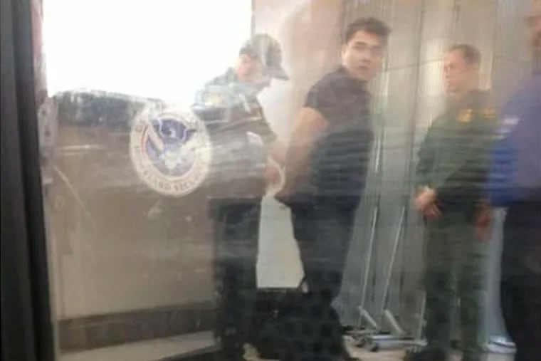 Undocumented activist Jose Antonio Vargas, 33, a former Daily News intern, was handcuffed and detained by the U.S. Border Patrol in Texas. Photo by  Ryan Grim / Twitter / FOR THE DAILY NEWS