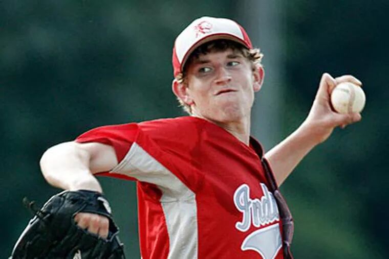 Lenape pitcher Kevin Milley winds up during the South Jersey Group 4 semifinals. (Elizabeth Robertson/Staff Photographer)