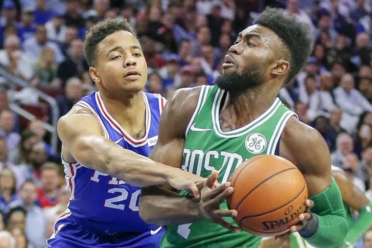 The Celtics’ Jaylen Brown (right), getting fouled by Sixers guard Markelle Fultz back in the teams’ Oct. 20 meeting, is listed as doubtful for Game 1.