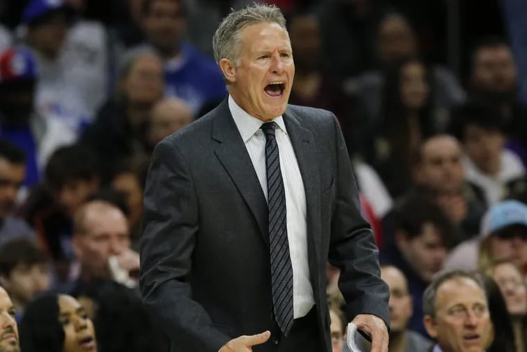 Sixers head coach Brett Brown yells to his team during the second-quarter against the Milwaukee Bucks on Saturday, Jan. 20, 2018 in Philadelphia.