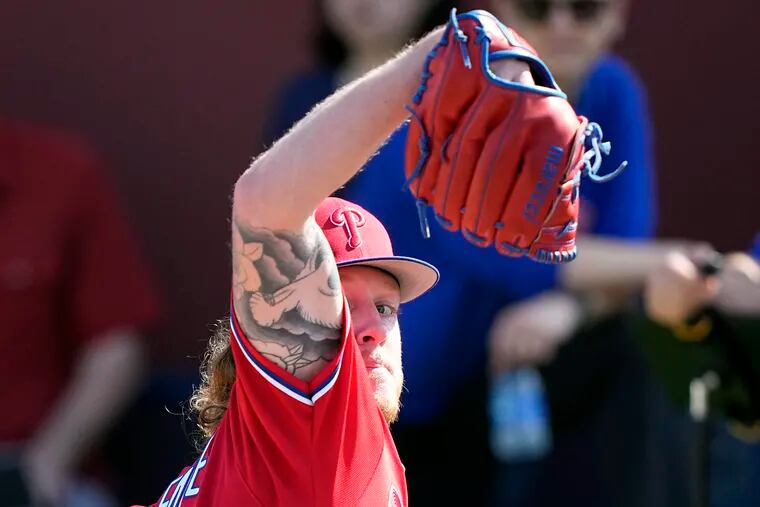 Phillies pitcher Bailey Falter, shown during a workout last month, faced eight batters, recorded four outs, and allowed one run on Thursday against the Red Sox.