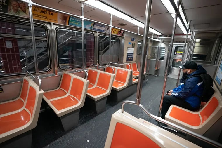 A nearly empty subway car along the Broad Street Line on March 24, 2020.