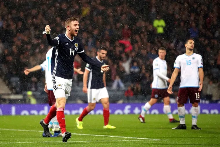 Stuart Findlay (14) scored a goal in his first appearance for Scotland's national team in October 2019.
