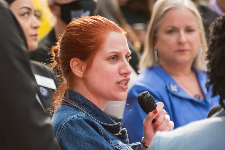 Sarah Hammond, 28, of Lancaster, addresses the crowd at an event in Allentown May 4 following the leak of a Supreme Court majority opinion that would overturn the landmark abortion rights case Roe v. Wade. Hammond had an abortion in 2017 and speaks about her experience to raise awareness about the need for access to abortion services.