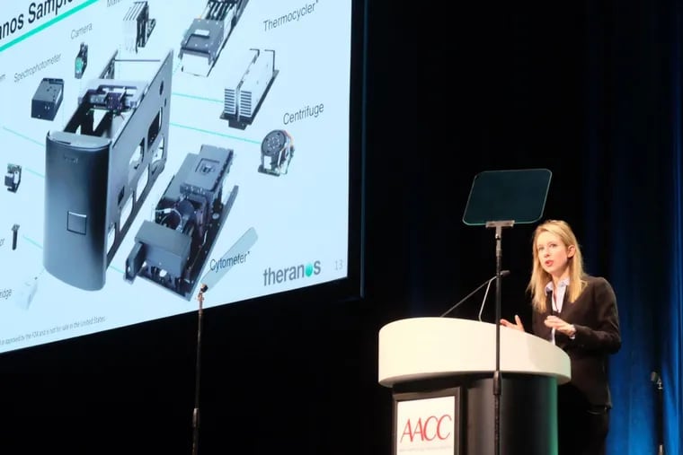 Elizabeth Holmes ,the discredited CEO of Theranos speaks at the AACC conference at the Pennsylvania Convention Center in Philadelphia.
