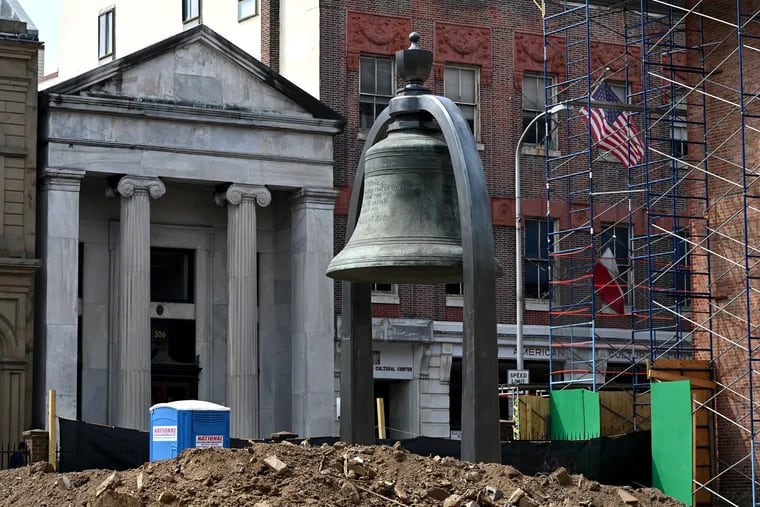 The Bicentennial Bell, installed last week, is in place in the Benjamin Rush Garden at Third and Walnut Streets.