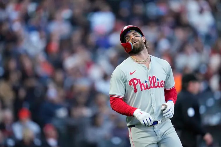Bryce Harper went 0-for-3 at the plate against the Giants on Tuesday night.