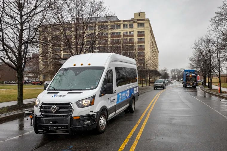 A Perrone Robotics van navigates the Navy Yard with driverless technology on Thursday. It is Pennsylvania's first automated vehicle (AV) shuttle.