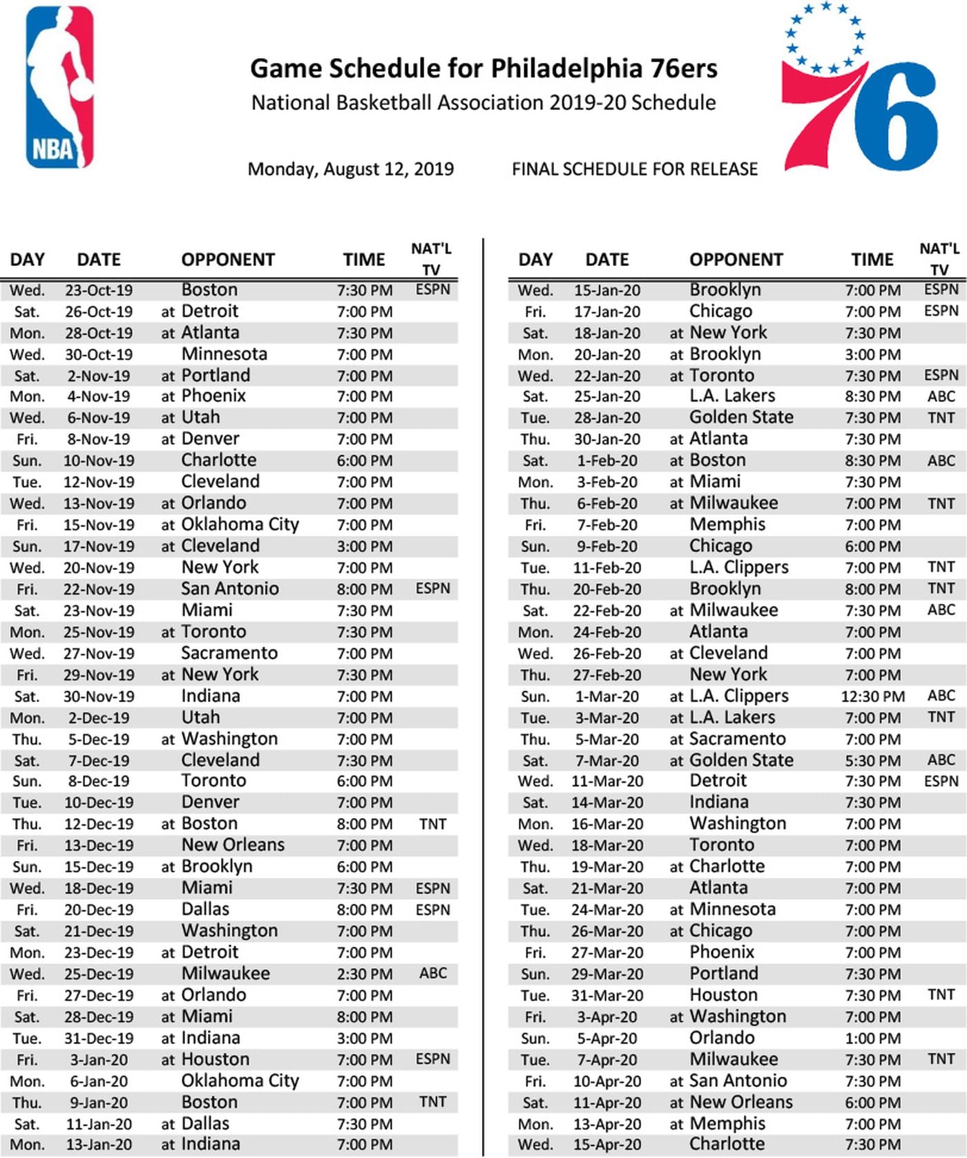 Sixers’ 2019-20 schedule: Open with Celtics; Kawhi Leonard visits in February1400 x 1676