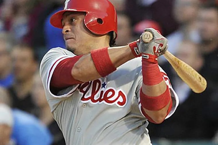 Carlos Ruiz collected four hits and drove in three runs during the Phillies' win over the Cubs on Thursday. (Brian Kersey/AP)