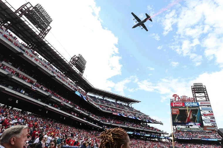 A military fly-over before opening day at Citizens Bank Park in 2016. The sky should look similar for the Phillies' home opener on Thursday.