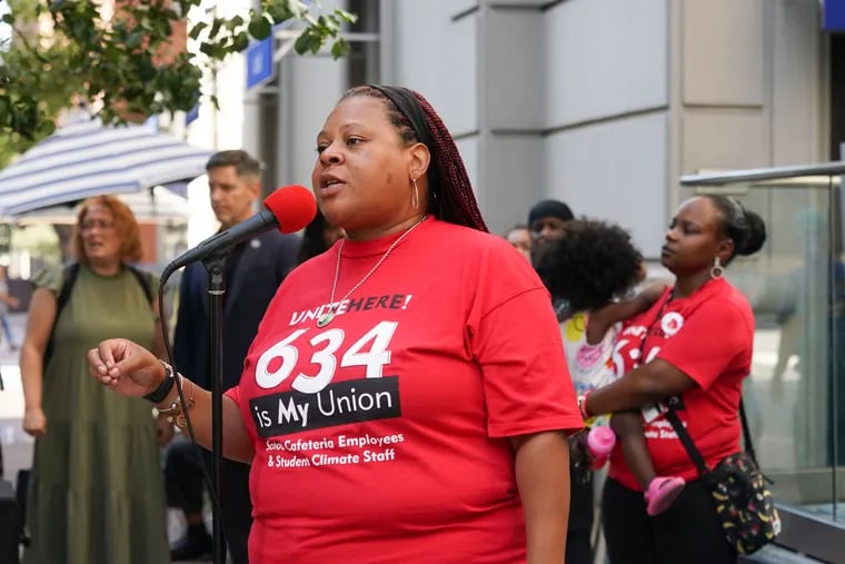 Nicole Hunt, President of Unite Here Local 634, speaks during a news conference Wednesday. 634 represents 1,900 Philadelphia School District climate staff and cafeteria workers.